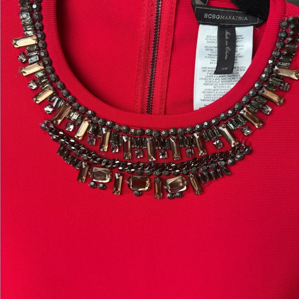 BCBGMaxAzria Red Bodycon Dress with Embellished Crew Neck - Picture 3 of 6